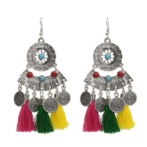 Idealway Ethnic Silver Metal Cotton Thread Coin Tassel Drop Earrings for Women Boho Party Jewelry Gift