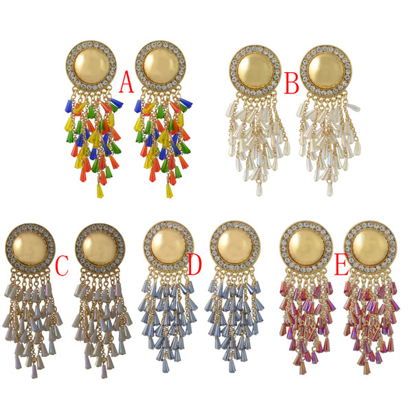 idealway 5 Colors Gold Plated Round Rhinestone Acrylic Beaded Tassel Drop Earrings Jewelry Accessories