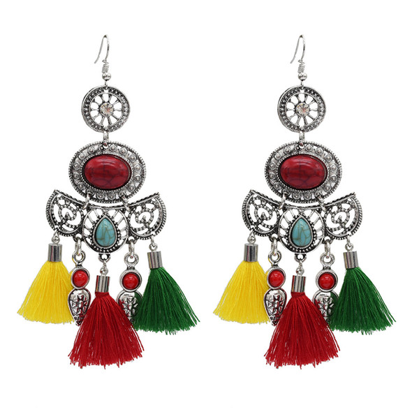 Fashion Colorful Cotton Thread Long Tassel Turquoise Drop Earrings for Women Bohemian Party Jewelry