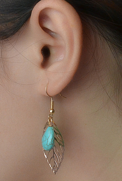 idealway New In Style Bohemian New Bohemia Fashion Gold Plated Turquoise Beads Leaf Dangling Earrings Jewelry