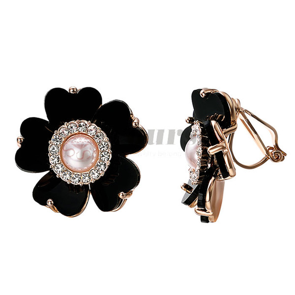 Yoursfs clip earrings for women black rose flower gold plated earring ename E990