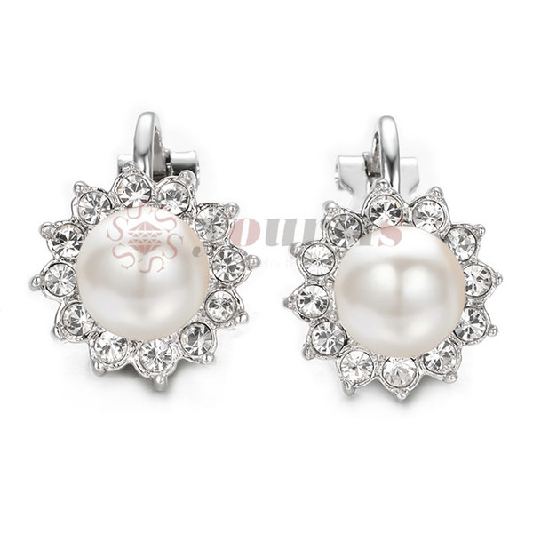 Yoursfs Pearl Earrings Flower Cocktail Wedding Clip On Earrings Women 18k White GP Fashion Jewelry CZ Dainty Earrings Gift