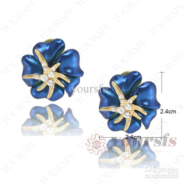 Yoursfs Elegant Fashion Bule Austrian Crystal Earrings Trendy Eardrop 18K Rose Gold Plated BLue Flower Stud Simulated Diamond Earrings Women