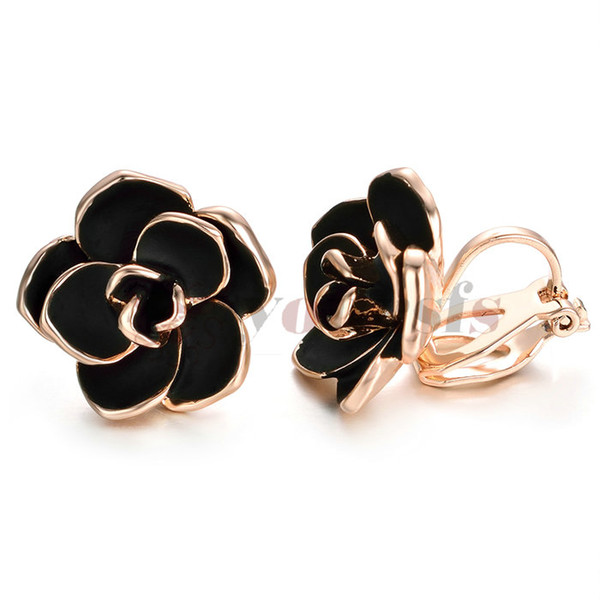 Yoursfs 18K Gold Plated Black Rose Flower Stud Earrings 15mm dainty Rose Post Stud Earrings For woman