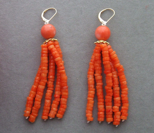 E011413 Stunning! Orange Coral Earrings-925 Golden Lever Back