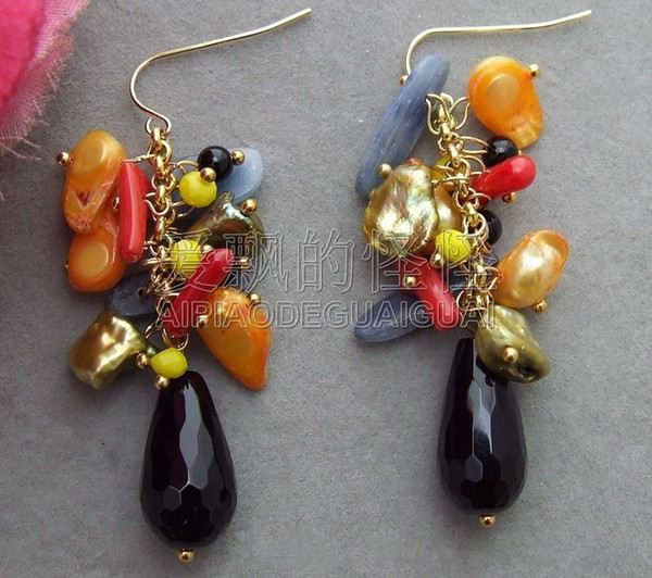 E072417 Keshi Pearl Onyx Coral Crystal Earrings