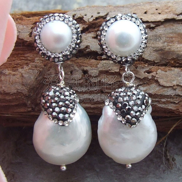 E071715 1.5'' White Coin Pearl Earrings-Silver Stud