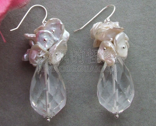 E061409 Keshi Pearl Crystal Earrings-925 Silver Hook