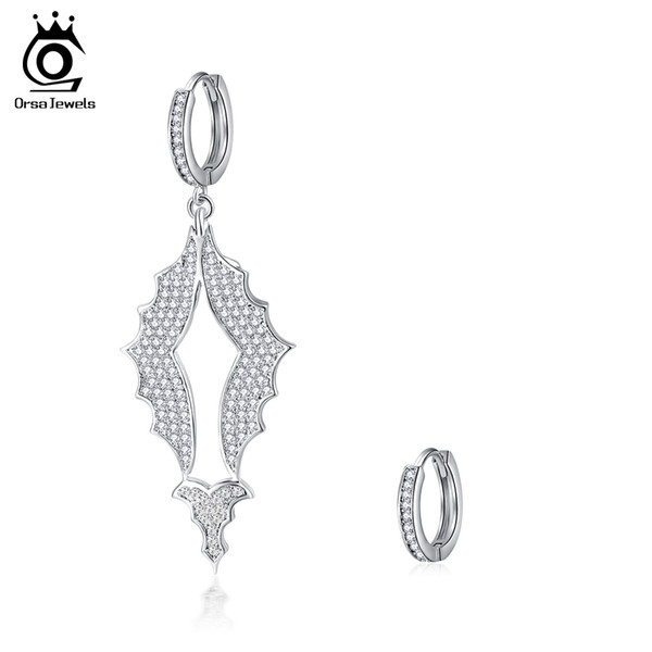 ORSA JEWELS Original Hoop Earrings Clear Black Color Shiny CZ Bat Wing Pattern Girl Earring Halloween Party Jewelry OE198