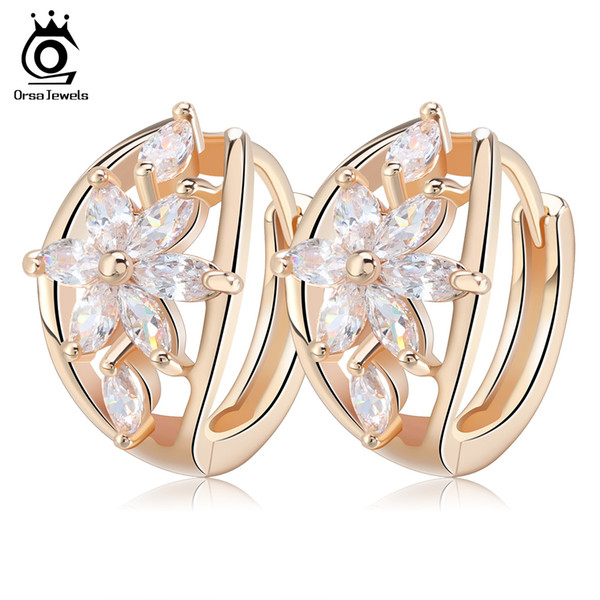 ORSA JEWELS Luxury Champagne Gold Flower Small Stud Earrings with Zircon Stone Women Birthday Gift Bijouterie OME33