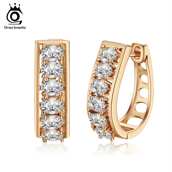 ORSA JEWELS Hoop Earrings For Women Prong Setting 6 Pcs AAA Clear Cubic Zircon Gold-color Hollow Earring Fashion Jewelry OME62