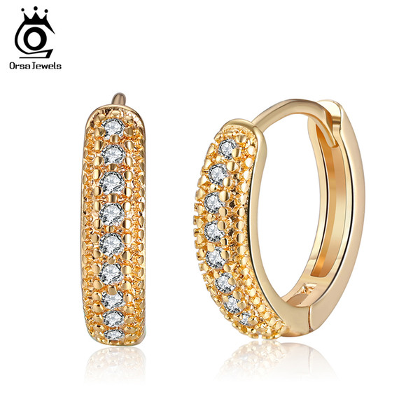 ORSA JEWELS Gold-color Female Hoop Earrings Paved AAA Clear Cubic Zircon Luxury Women Small Earring Fashion Ladies Jewelry OME44