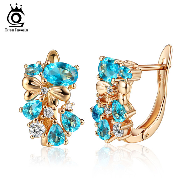 ORSA JEWELS High Quality Gold-color Women Stud Earrings Shiny AAA Blue&Red Cubic Zircon Luxury Party Earring Jewelry Gift OME60