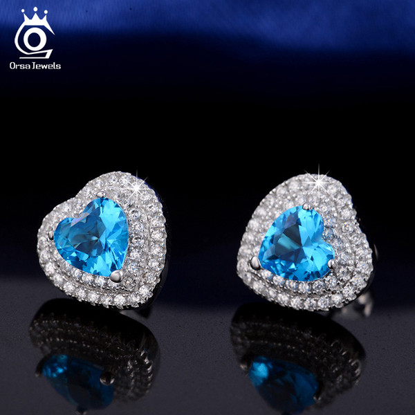 ORSA JEWELS Women Stud Earrings Blue Cubic Zircon Blue Heart Shape Romantic Style Luxury Fashion Jewelry For Female OEE98