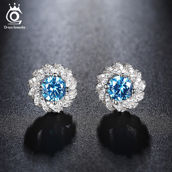 ORSA JEWELS 2017 Luxury Silver Color Stud Earring with Micro Paved 0.7ct Blue Cubic Zirconia Flower Earrings for Women OEE151