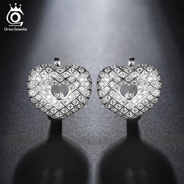 ORSA JEWELS Luxury Women Stud Earrings Heart Shape Hollow Design Cubic Zircon Female Wedding Earring Fashion Jewelry OEE167