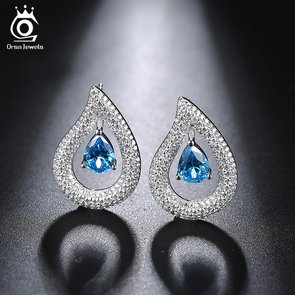 ORSA JEWELS Women Earrings Stud Blue Cubic Zircon Water Drop Shape Party Earring For Female Fashion Jewelry Gift OEE153