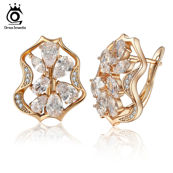 ORSA JEWELS Gold-color Women Stud Earrings Multicolor&White AAA Cubic Zircon Unique Design Luxury Earring Fashion Jewelry OME55