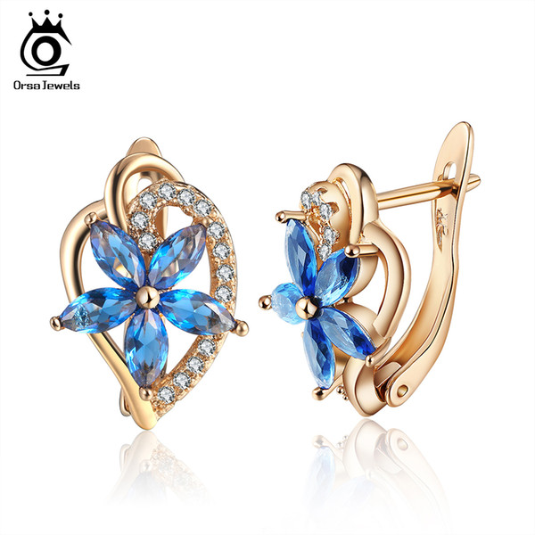 ORSA JEWELS Luxury Gold-color Women Stud Earrings 4 Color Flower Shape AAA Cubic Zircon Available Party Earring Jewelry OME57