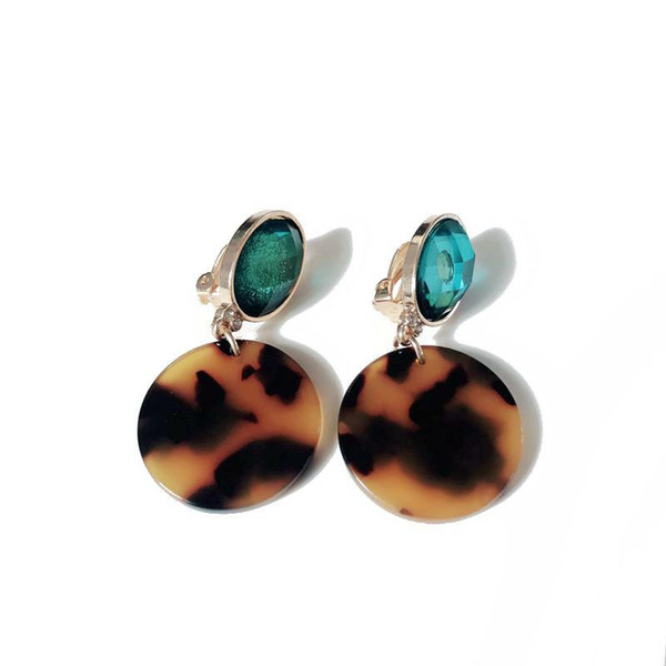 Free Shipping New Sweet Round Geometric Tortoise Resin Leopard Print Fashion Trendy Green Alloy Clip Earring