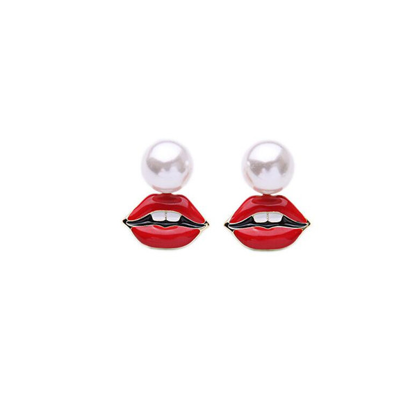 New sexy fashion mouth alternative hip-hop unique detachable drop glaze exaggerated red lip Pearl Ear Studs SP-0034