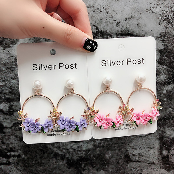 2018 Korea Polymer Clay Cherry Blossom Flower Big Circle Hoop Earrings Rhinestone Trim Pearl Earrings for Women Party Gift