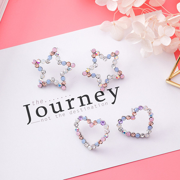 New Korean Hollow Multicolor Rhinestone Star Love Heart Stud Earrings for Women Cute Fashion Girl Ear Jewelry Brinco Gift 6G1006