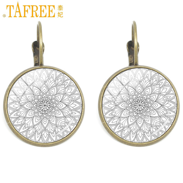 TAFREE New Arrival Clip Earrings Mandala Buddhism Symbol Art Photo Jewelry For Women 2018 Glass Photo Earring Bronze Color CT332