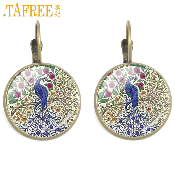 TAFREE 2018 peacock clip earrings a peacock spreads its tail feathers mandala jewelry for women glass photo bronze color H306