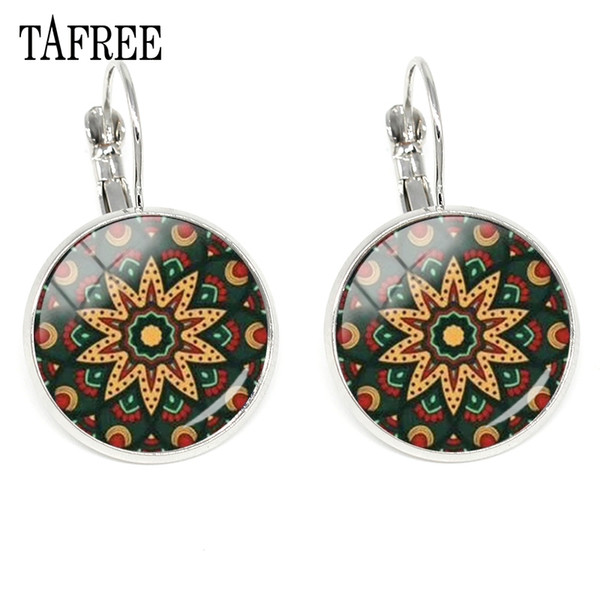 TAFREE Henna Mandala Flower Clip Earrings New Creative Round Dome Glass Charm Clip On Earring Silver Plated Women Jewelry HN523