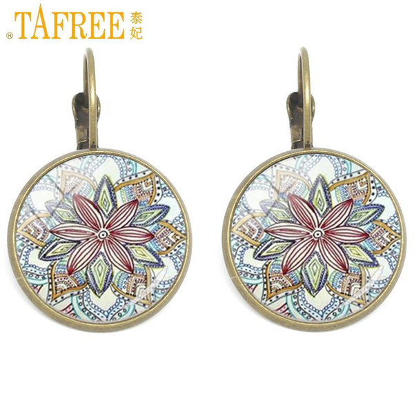 TAFREE Mandala Flower Henna Yoga Clip Earrings For Women Girls Elegant Fashion Sacred Geometry Buddhism Clip On Earrings India Jewelry CT385