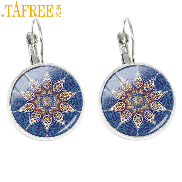 TAFREE fashion clip earrings women indian flower mandala round glass dome earrings 2017 Sri Yantra Jewelry Henna Zen H276