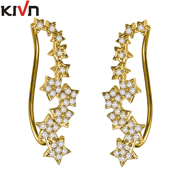 KIVN Fashion Jewelry Stars Pave CZ Cubic Zirconia Long Ear Cuff Ear Crawler Climber Gold Earrings for Women mothers day gifts Christmas gift