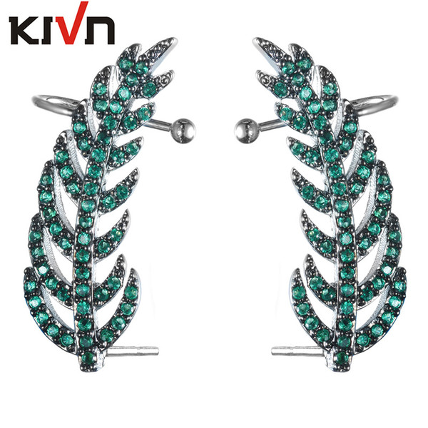 KIVN Fashion Jewelry Colorful Feather CZ Cubic Zirconia Leaf Ear Cuff Ear Crawler Climber Earrings for Women Birthday Christmas Gifts