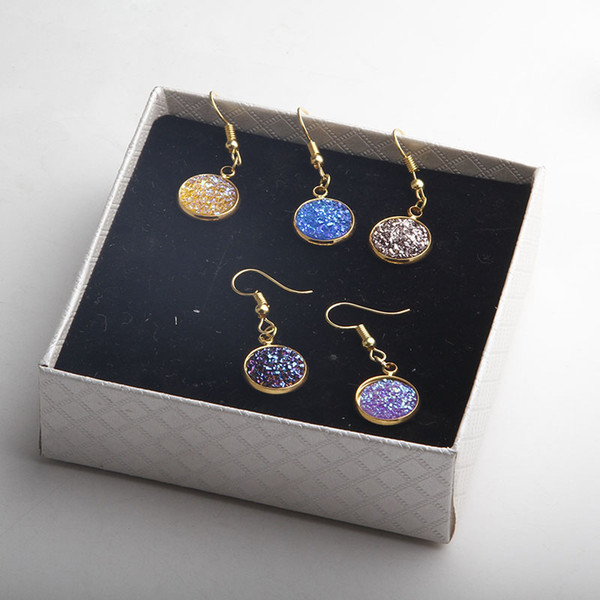 Wholesale Price Drusy Drop Earrings Handmade Gold Multi AB Color Round 12mm Dangle Earrings Adorable Drop Drusy Earrings Small MOQ