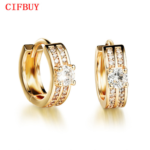 CIFBUY Yellow Gold Color Clip Earrings Fashion Double Layer AAA+ Cubic Zirconia Women Wedding Jewelry Earring KE640