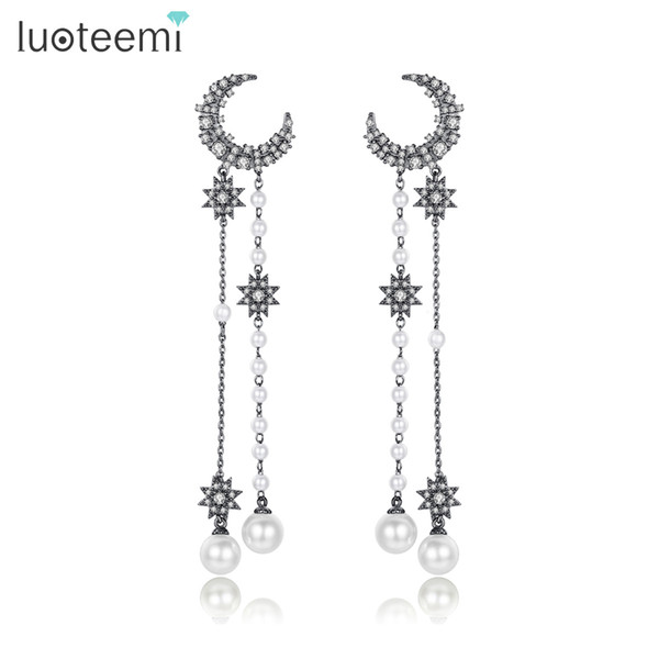 LUOTEEMI New Design Moon and Star Long Drop Dangle Earrings for Women Wedding Party Paved CZ Fashion Pendientes Christmas Gift