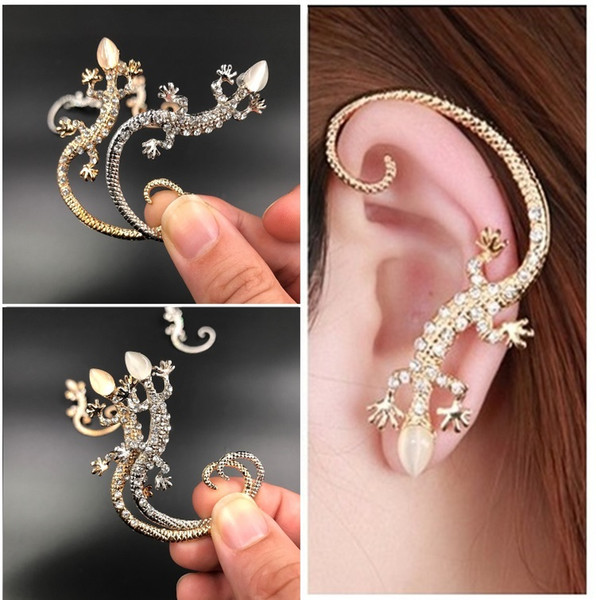 Fashion Jewelry Ear Cuff Rhinestone earrings ear Cuff elegant golden Silver Plated exaggerated gecko lizard stud earrings Ear Cuffs C091