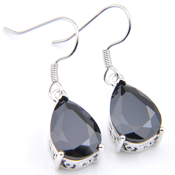 Wholesale 6 Pcs Luckyshinene 925 Plated Silver For Woman Water Drop Black Crystal Cubic Zirconia Earring Drop Earrings Wedding Earrings