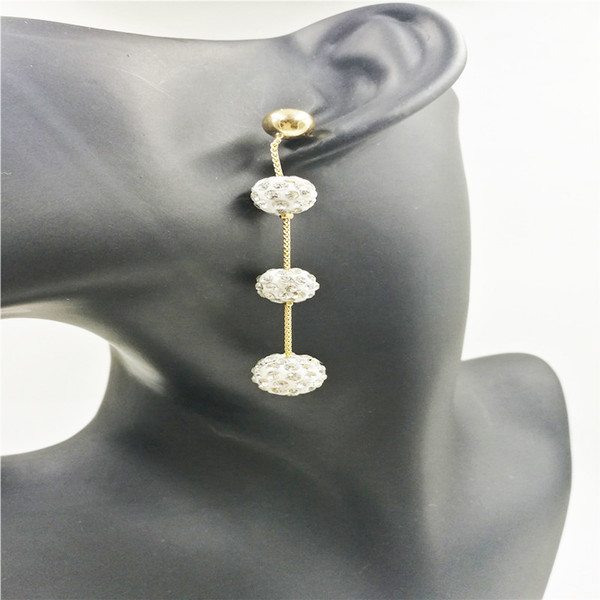 Plating gold long drop Crystal ball polymer clay earrings, White Rhinestone Pave Clay Earrings For Women Fashion Jewelry