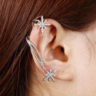 Korea Fashion Flash Drilling Snowflake Asymmetry Stud Earrings Personality Exaggeration Earring Long Crystal Alloy Ear Clip Women Jewelry