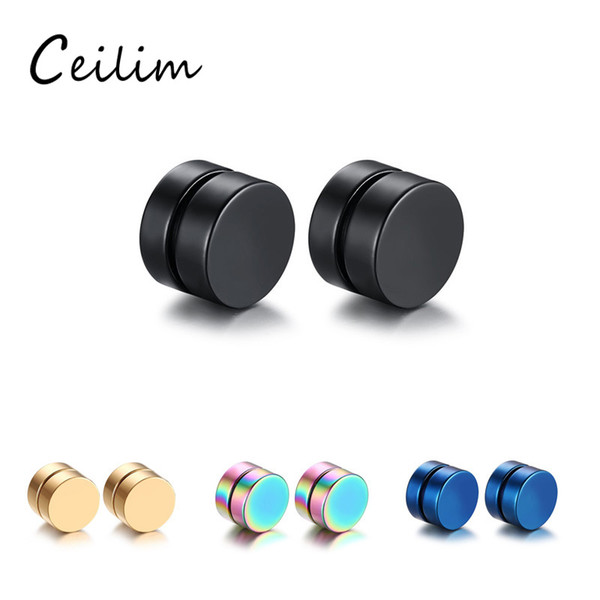 New Fashion 8mm Round Magnet Magnetic Ear Clip Non Piercing Black & Gold Stud Earrings for Boyfriend Lover Polishing Stainless Steel Jewelry