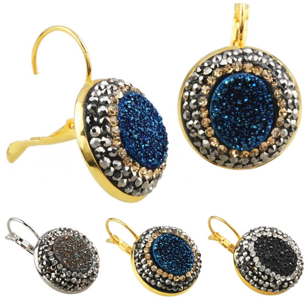 Women Vintage Crystal Titanium Druzy Quartz Lever Back Gold Plated Hoop Earrings