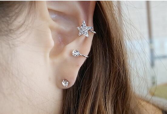 Girls Crystal Star Stud Ear Cuff Elegant Shinning Silver plated rhinestone Studs earcuff Earrings Punk Ear Jewelry for women