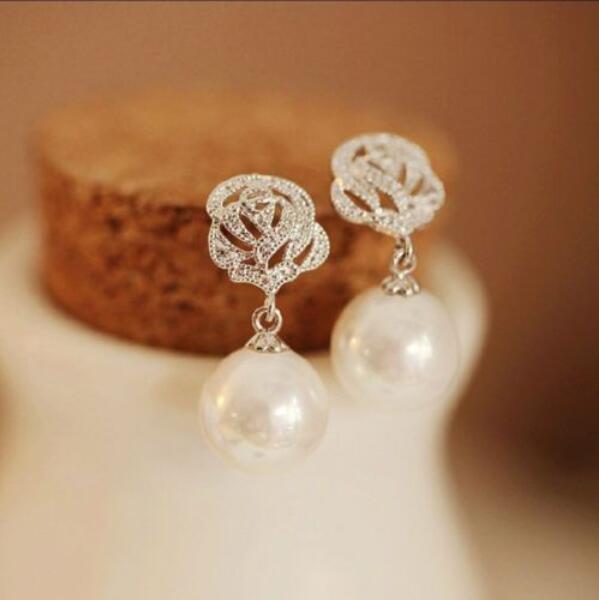 Earrings Luxury Eardrop Rose Flower Pearl Ear Stud Earrings Wedding Jewelry