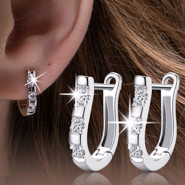 New Fashion Women Sterling Silver Jewelry White Gemstone Stud Hoop Earrings woman girlfriend gift high quality