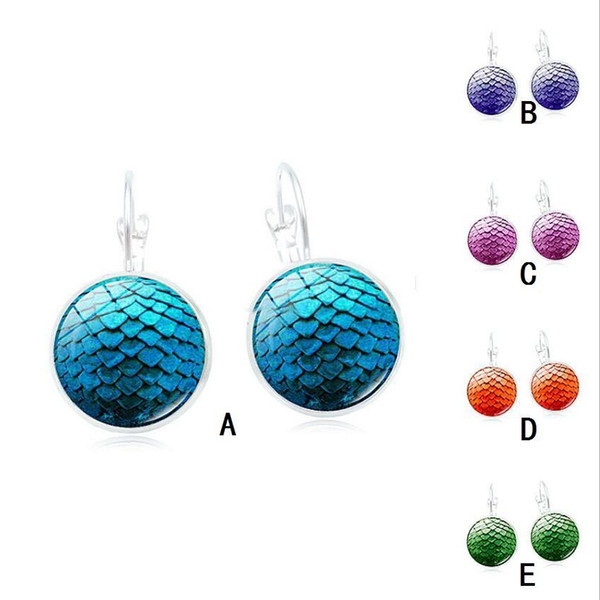 Handmade Druzy Fish Scale Pattern Earrings Drusy Resin Beads Round Earrings Time Gem Cabochon Mermaid Fashion Trendy Woman Jewelry Wholesale