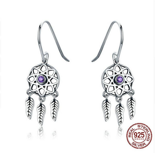 Genuine 100% 925 Sterling Silver Dream Catcher Holder Drop Earrings for Women Sterling Silver Jewelry Gift