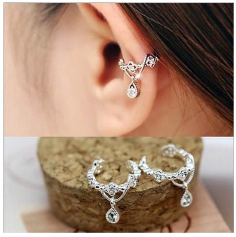 Fashion New 925 Sterling Silver Rhinestone Ear Cuff Waterdrop Non-pierced Ears Earring Jewelry Gold Silver Ear Clip Earrrings Free Shipping