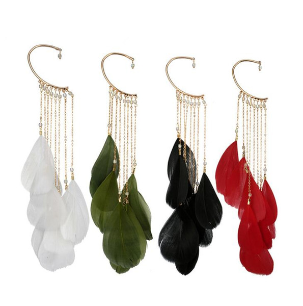 1 Pieces Bohemian Long Feather Earring For Women - Big Statement Earrings Tassel Alloy Drop Earrings Dangle Ear Cuff Ethnic Jewelry 6 Colors